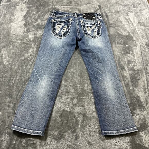 Miss Me Jeans Womens 27 Blue Capri JE5152P10 Embroidered Distressed Rhinestones - Picture 6 of 13